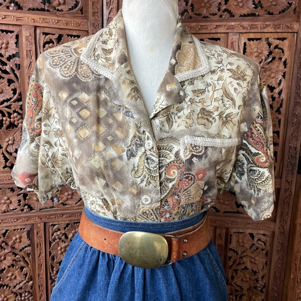 Vintage Paisley Floral Printed Button Down Blouse with Crochet Trim Boho Western